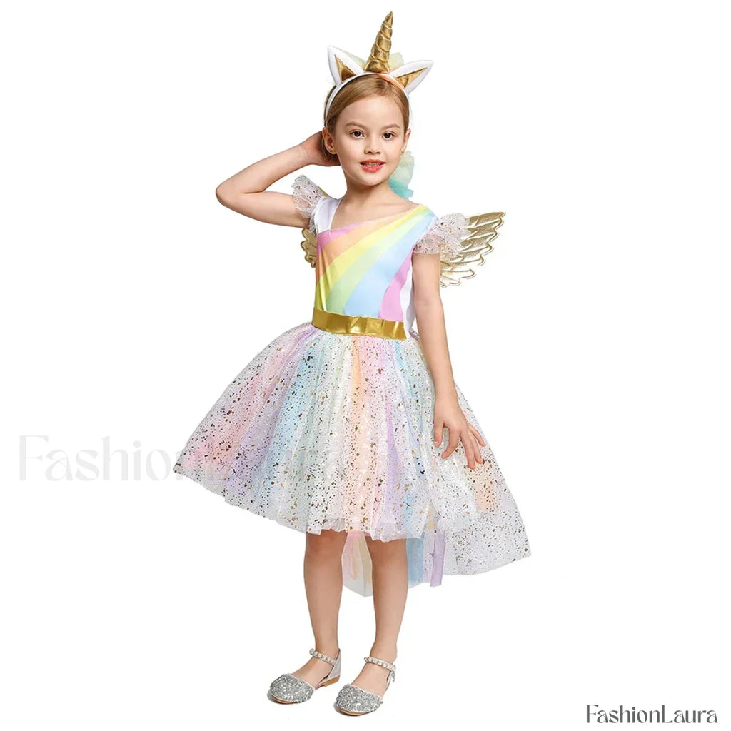 Unicorn Dance Rainbow Costume Ball Princess Girls Kid Party Birthday Dress Halloween Cosplay Costume