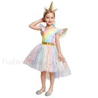 Unicorn Dance Rainbow Costume Ball Princess Girls Kid Party Birthday Dress Halloween Cosplay Costume
