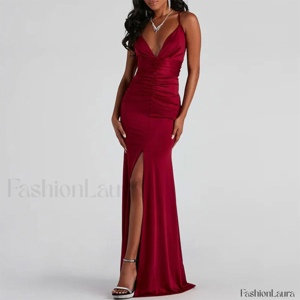 V High Slit Maxi Dress Red S / Red Formal Dresses