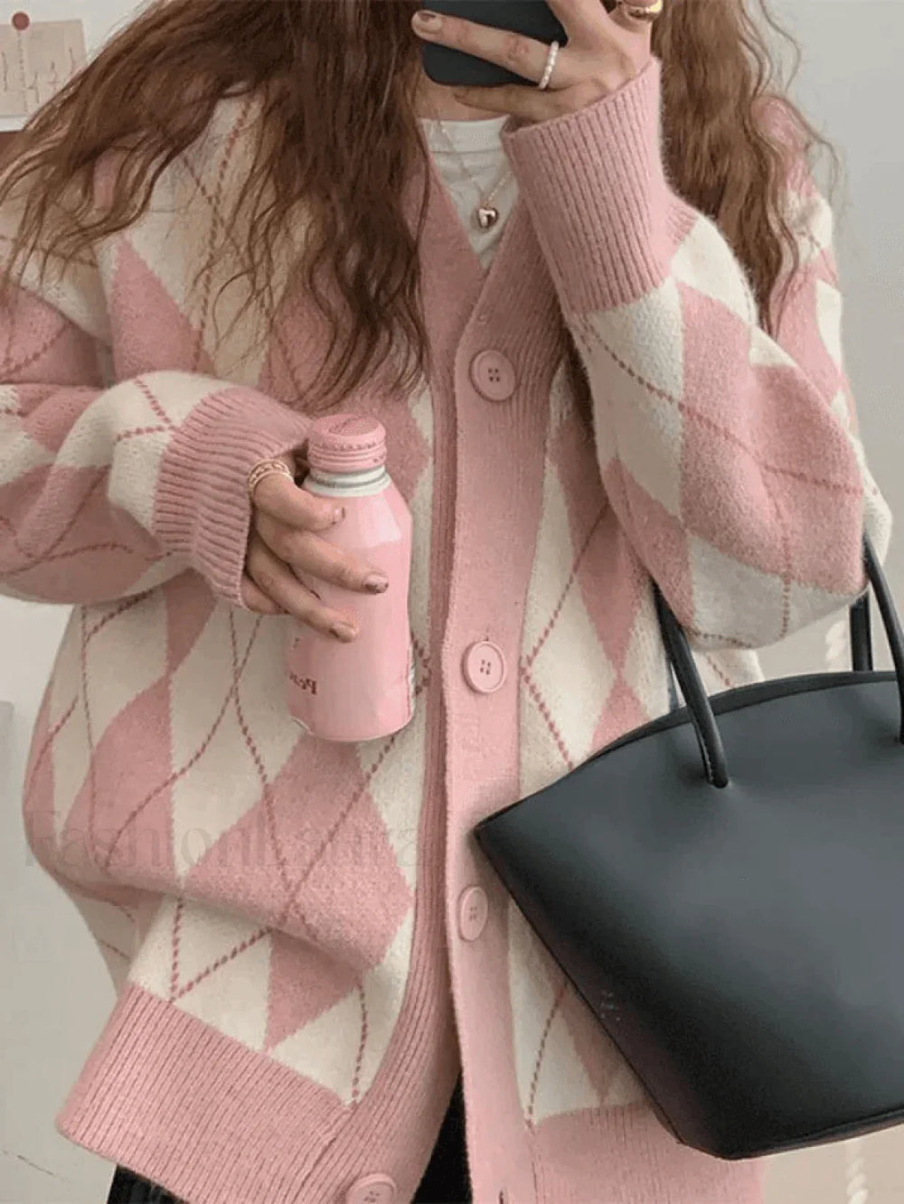 V Neck Argyle Pattern Knit Cardigan Sweaters