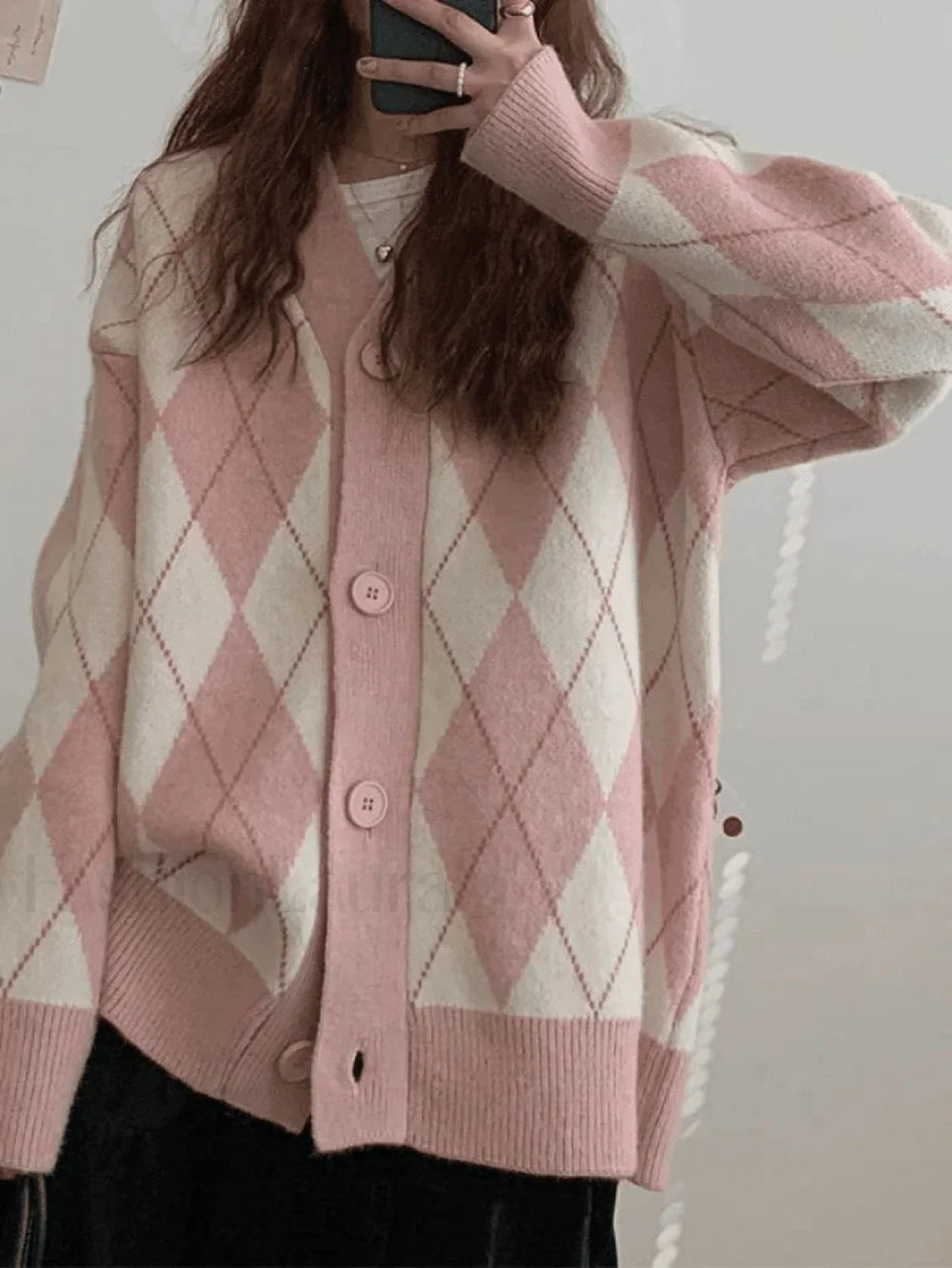 V Neck Argyle Pattern Knit Cardigan Sweaters