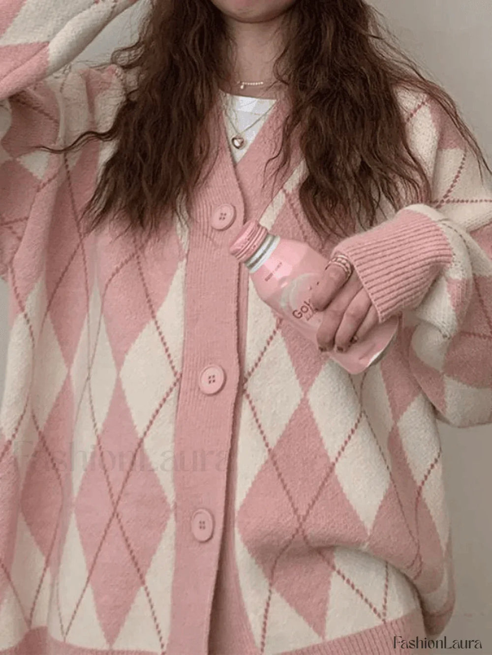 V Neck Argyle Pattern Knit Cardigan Sweaters