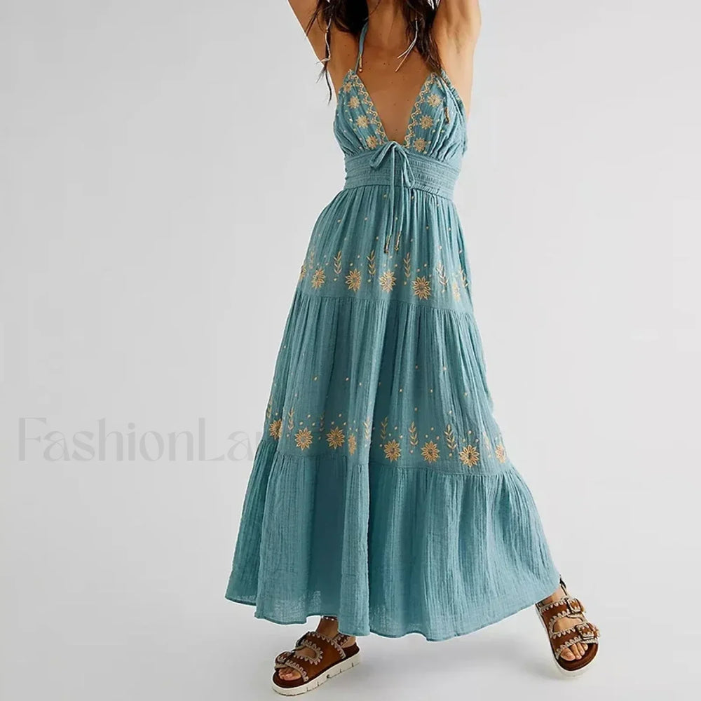 V Neck Backless Party Boho Dress blue / S