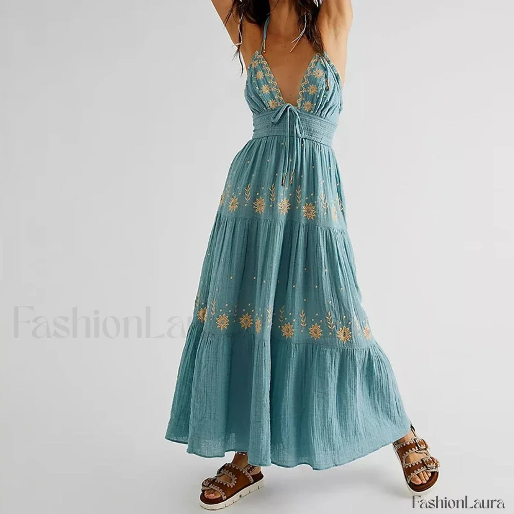 V Neck Backless Party Boho Dress blue / S