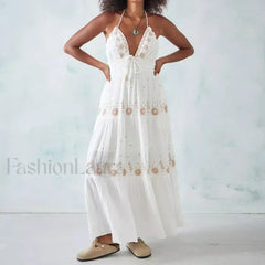 V Neck Backless Party Boho Dress WHITE / S