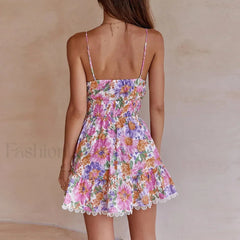 V Neck Bowknot Mini Floral Dress