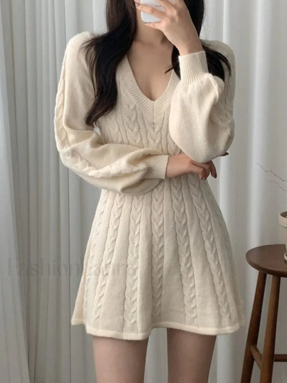 V Neck Cable Knit Long Sleeve Mini Dress Mini Dresses