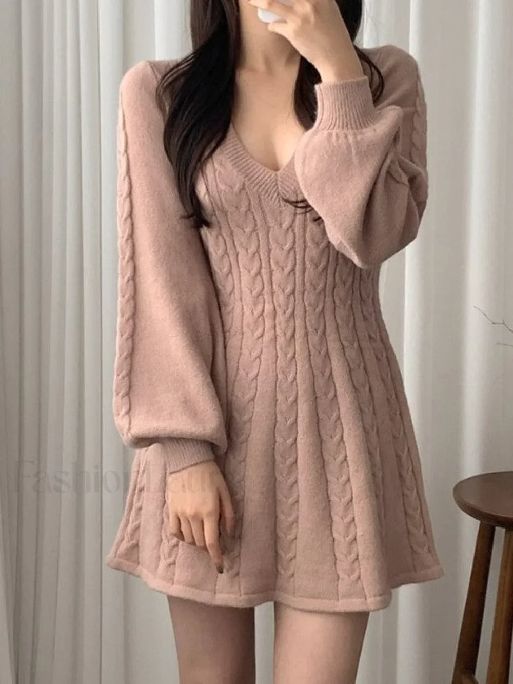 V Neck Cable Knit Long Sleeve Mini Dress Mini Dresses