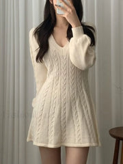 V Neck Cable Knit Long Sleeve Mini Dress Mini Dresses
