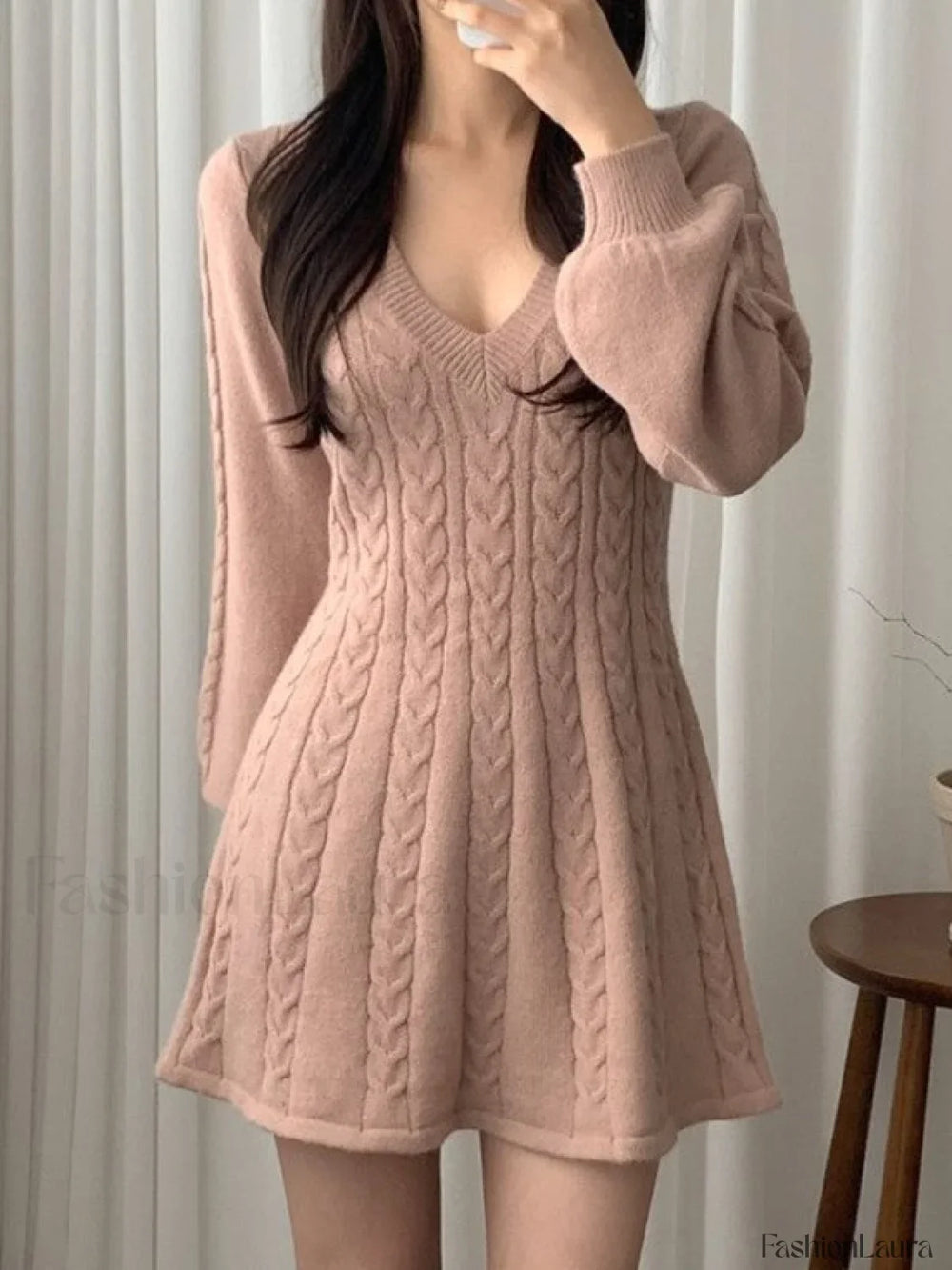 V Neck Cable Knit Long Sleeve Mini Dress Pink / ONE SIZE Mini Dresses