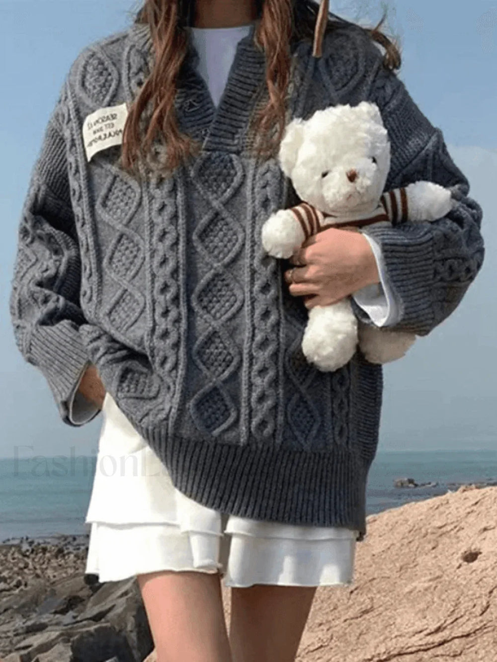 V Neck Cable Knit Sweater Gray / ONE SIZE Sweaters