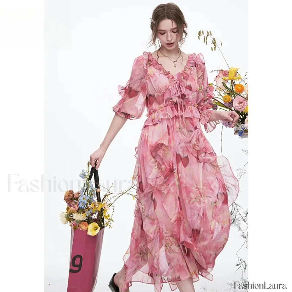 V Neck Chiffon Ruffled Floral Dress Pink / S
