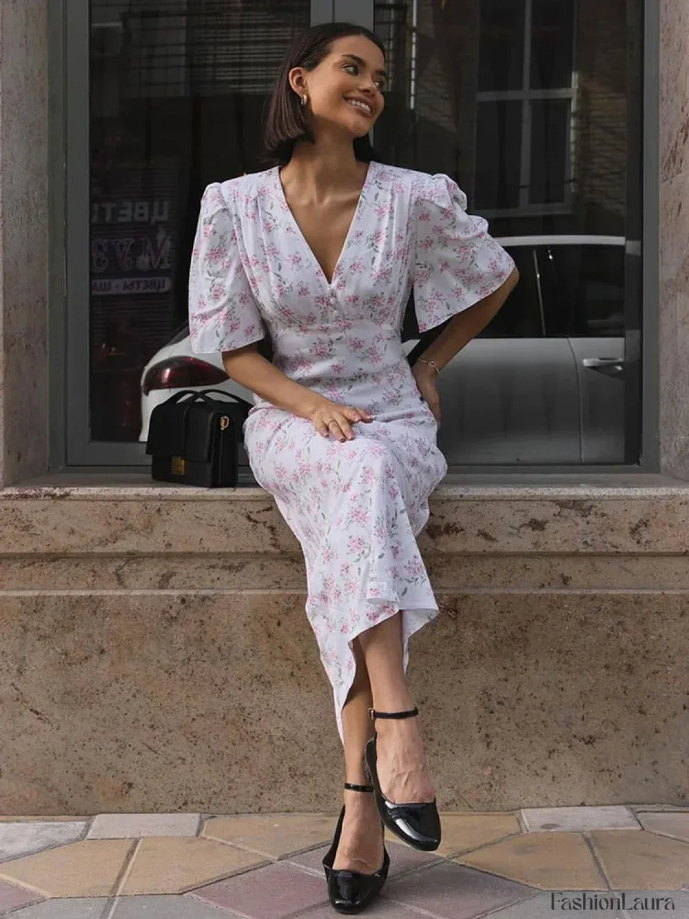 V Neck Contrast Floral Dress