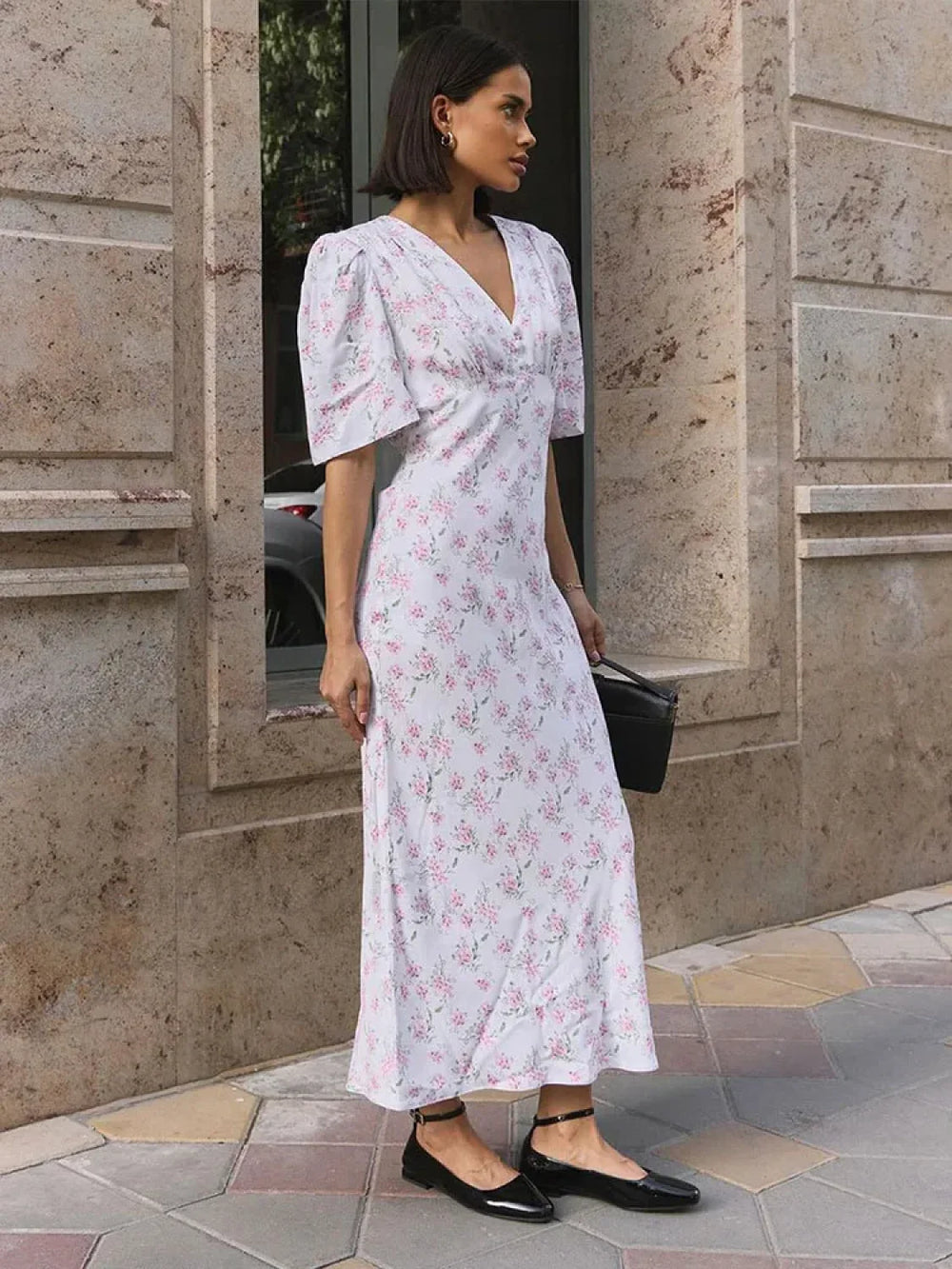 V Neck Contrast Floral Dress