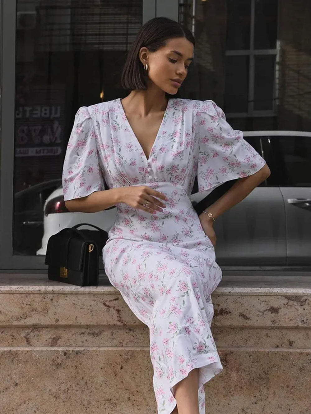 V Neck Contrast Floral Dress