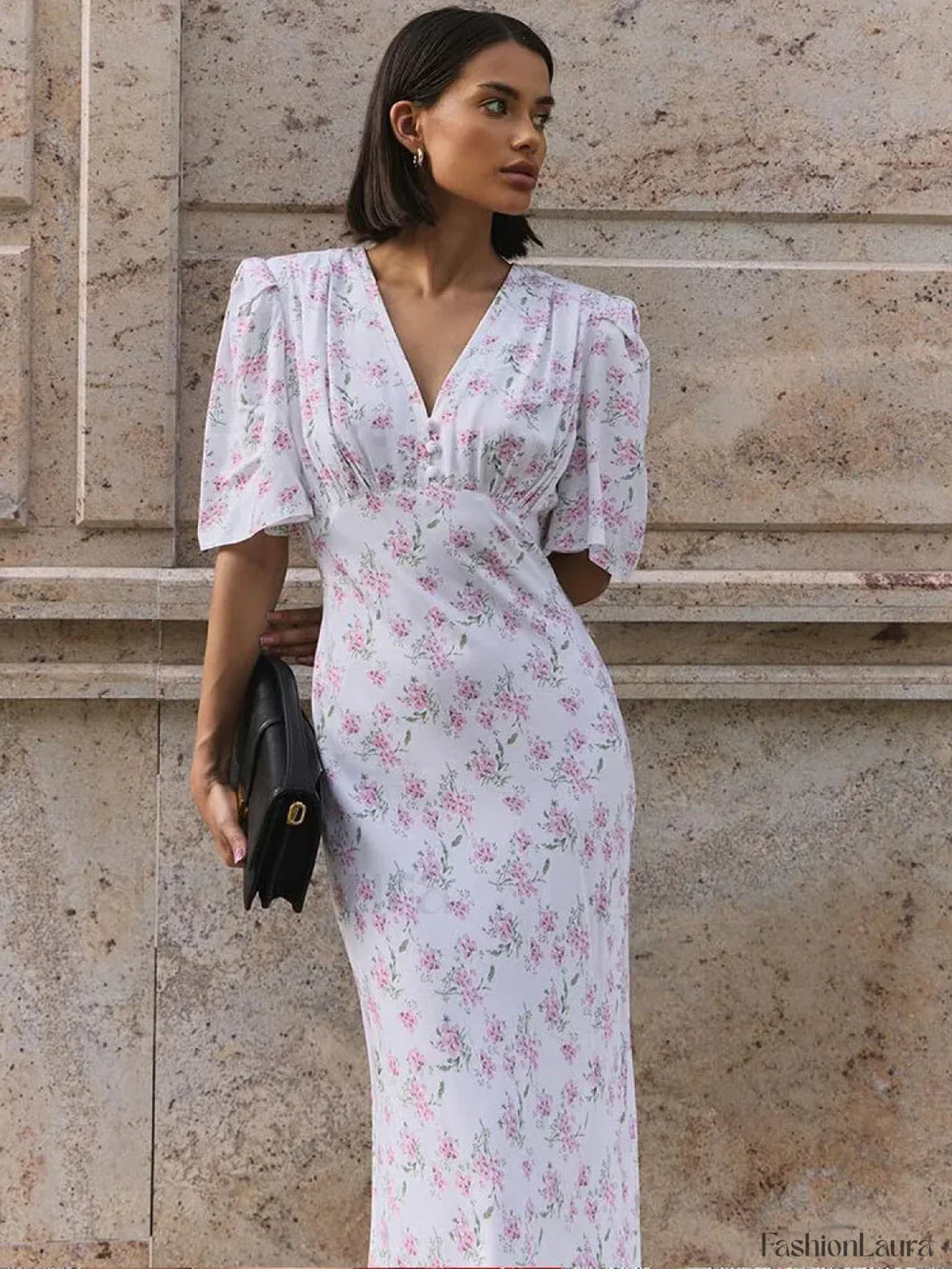 V Neck Contrast Floral Dress