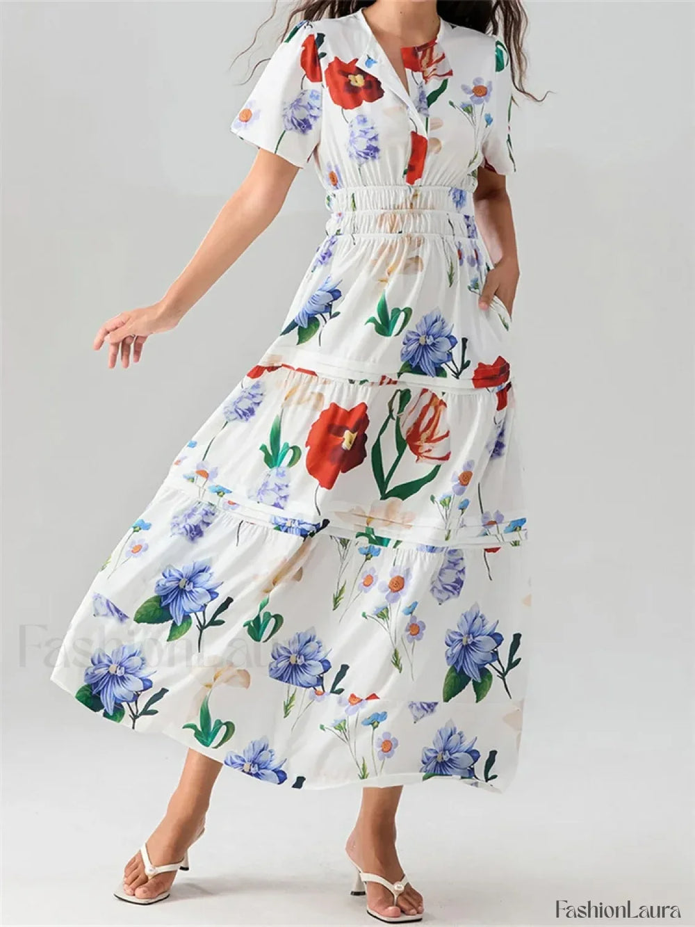 V Neck Flare Sleeve Pocket Maxi Dress white / S