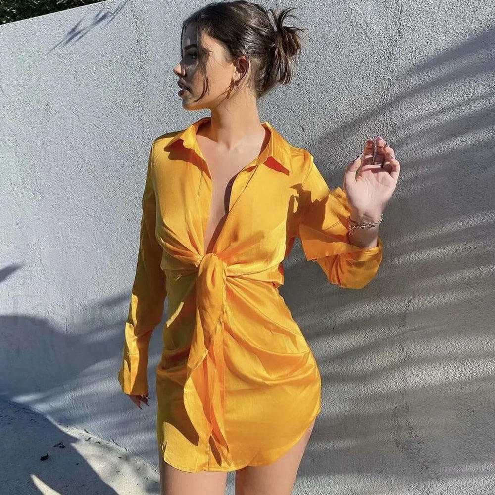 V Neck Knotted Long Sleeve Satin Shirt Mini Dress Gold L / Gold Satin Dresses