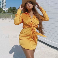 V Neck Knotted Long Sleeve Satin Shirt Mini Dress Gold S / Gold Satin Dresses