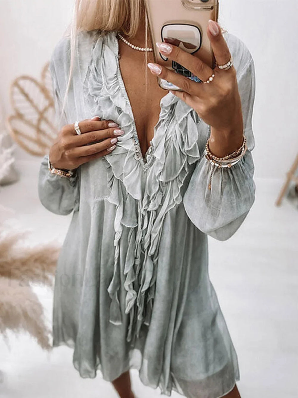 V Neck Long Sleeve Ruffle Midi Dress Midi Dresses