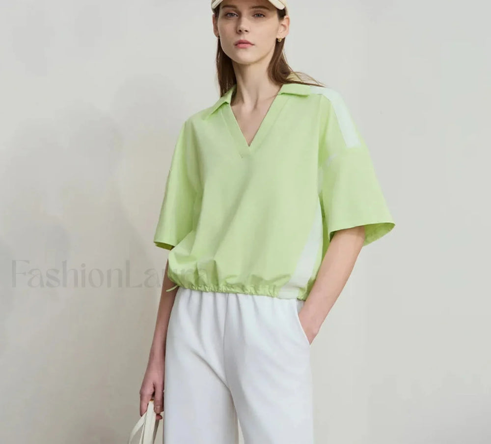 V Neck Loose Short Sleeve Cotton T Shirt Green / S