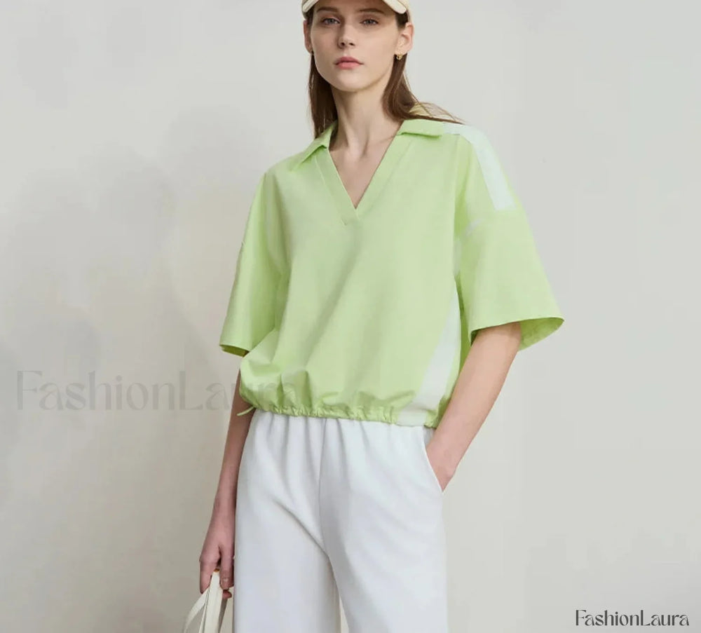 V Neck Loose Short Sleeve Cotton T Shirt Green / S