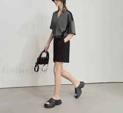 V Neck Loose Short Sleeve Cotton T Shirt Grey / S