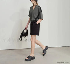 V Neck Loose Short Sleeve Cotton T Shirt Grey / S