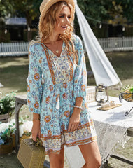 V Neck Mini Print Boho Dress