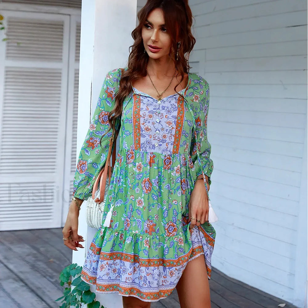 V Neck Mini Print Boho Dress Green / S