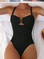 V Neck Pleated Slim Fit One Piece BLACK / S