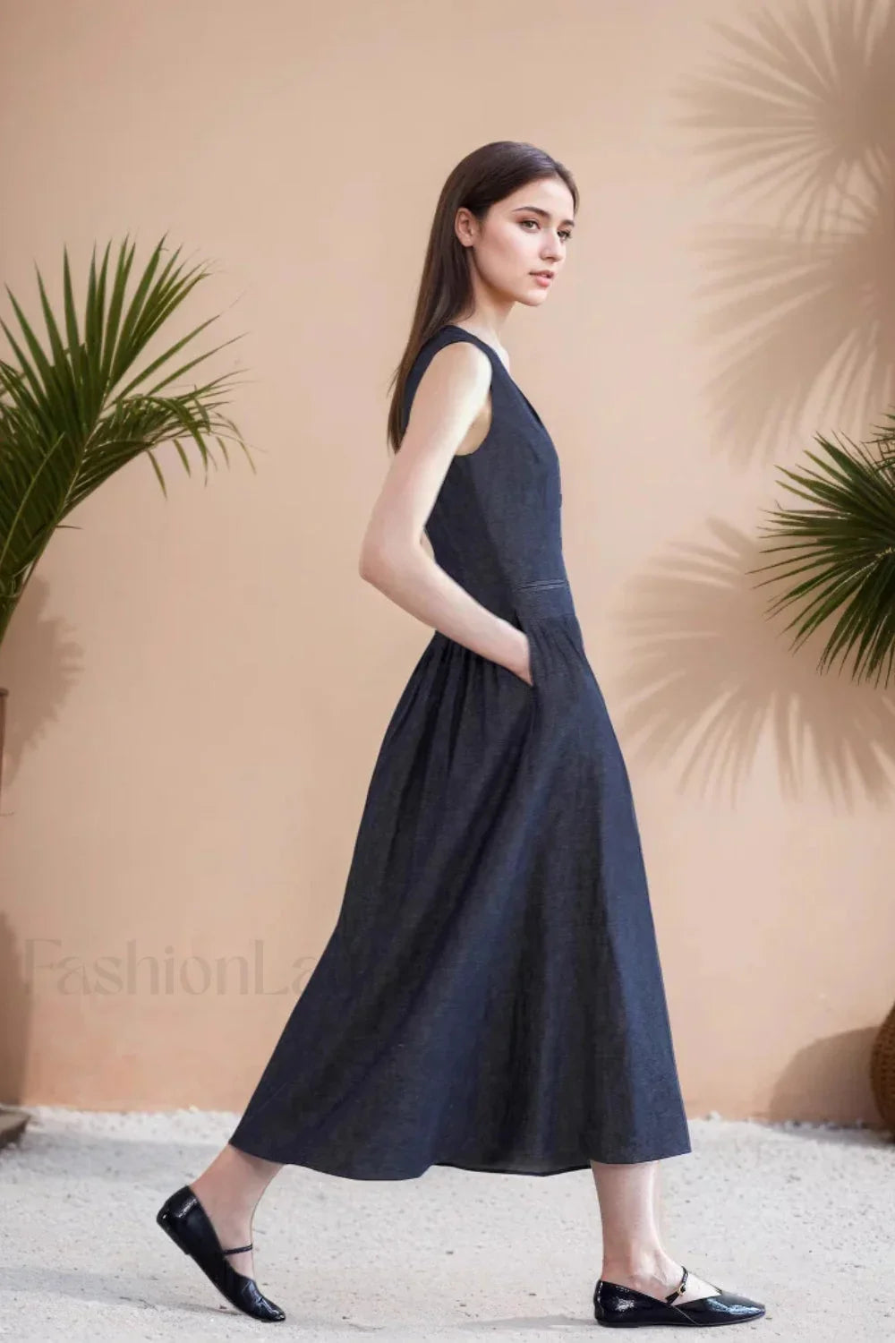 V Neck Pocket Loose Sleeveless Casual Maxi Dress