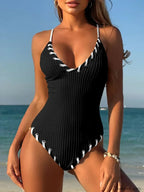V Neck Ribbed Cross Backless One Piece black / S