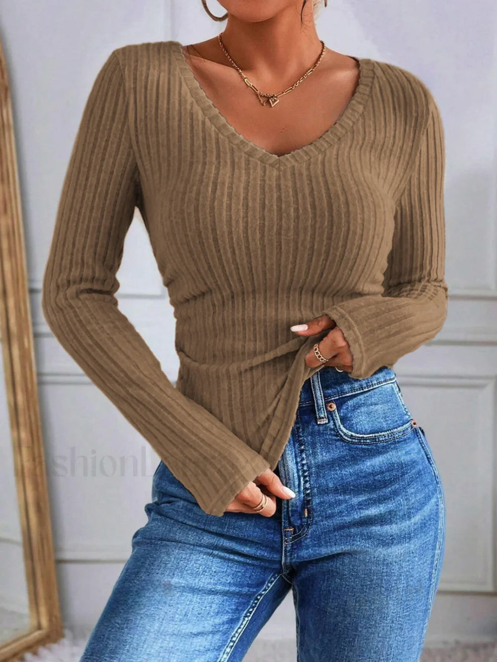 V Neck Ribbed Skinny T Shirt Brown / XS T Shirts
