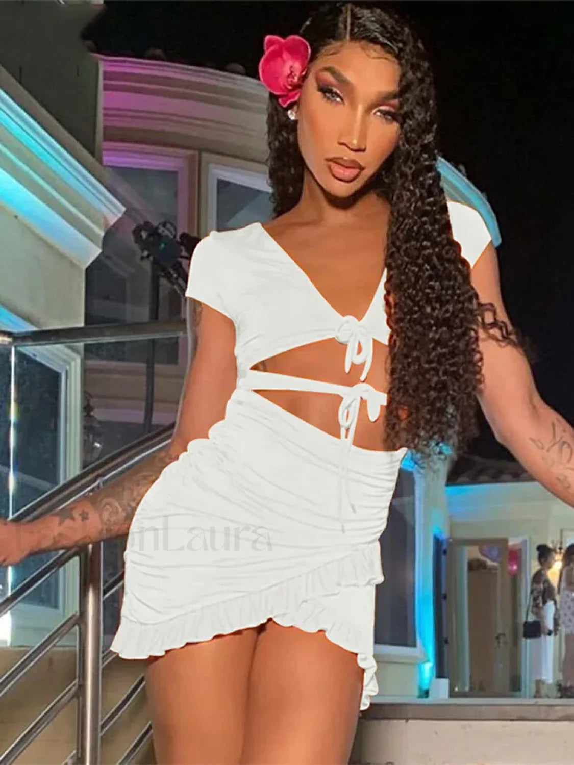 V Neck Ruched Hollow Mini Dress