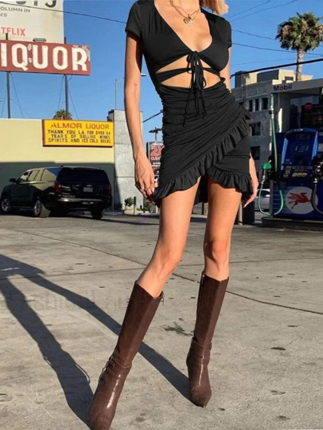 V Neck Ruched Hollow Mini Dress