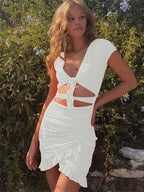 V Neck Ruched Hollow Mini Dress