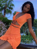 V Neck Ruched Hollow Mini Dress Orange / S