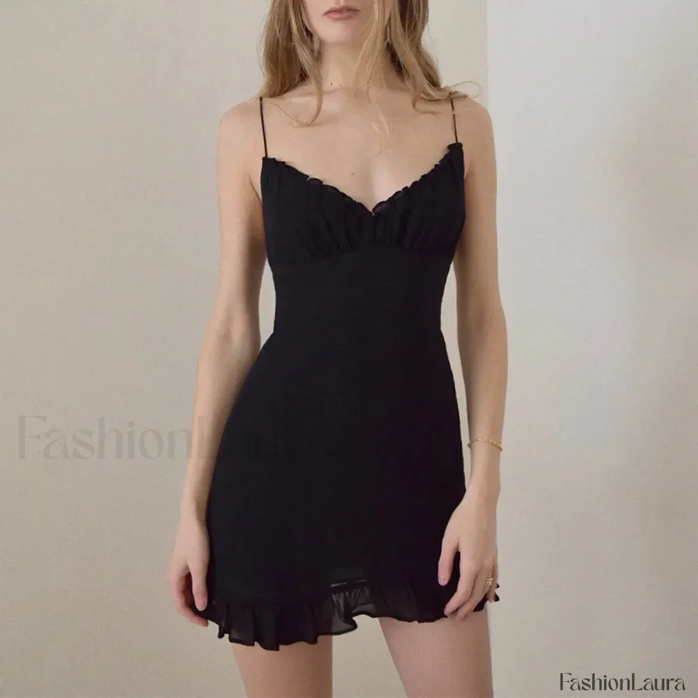 V Neck Ruffle Mini Floral Dress black / S