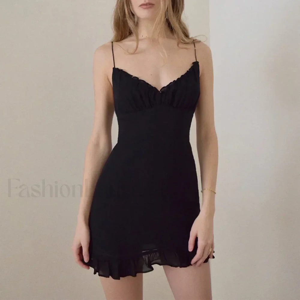 V Neck Ruffle Mini Floral Dress black / S