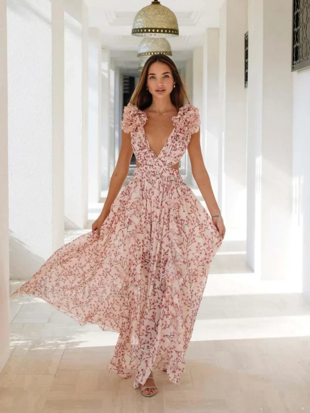 V Neck Ruffle Split Floral Dress