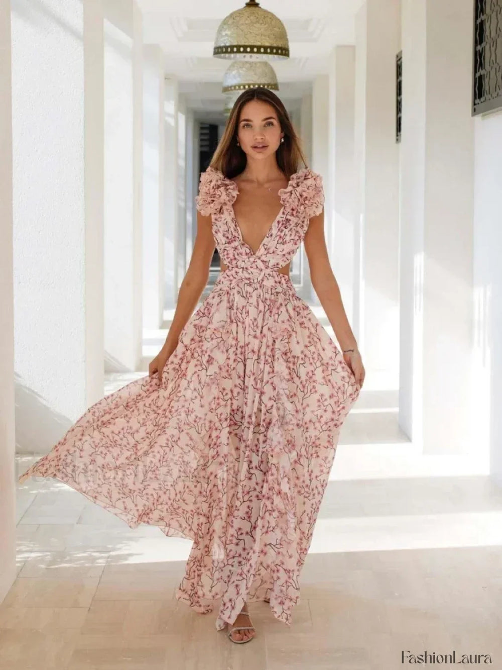 V Neck Ruffle Split Floral Dress