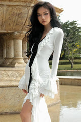V Neck Ruffled Split Long Sleeve Maxi Dress