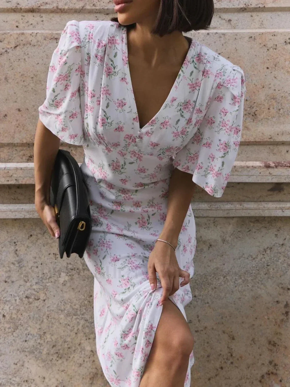V Neck Slim Fit Floral Dress