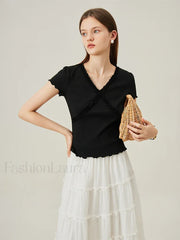 V Neck Slim Lace Patchwork Knit T Shirt Black / XS