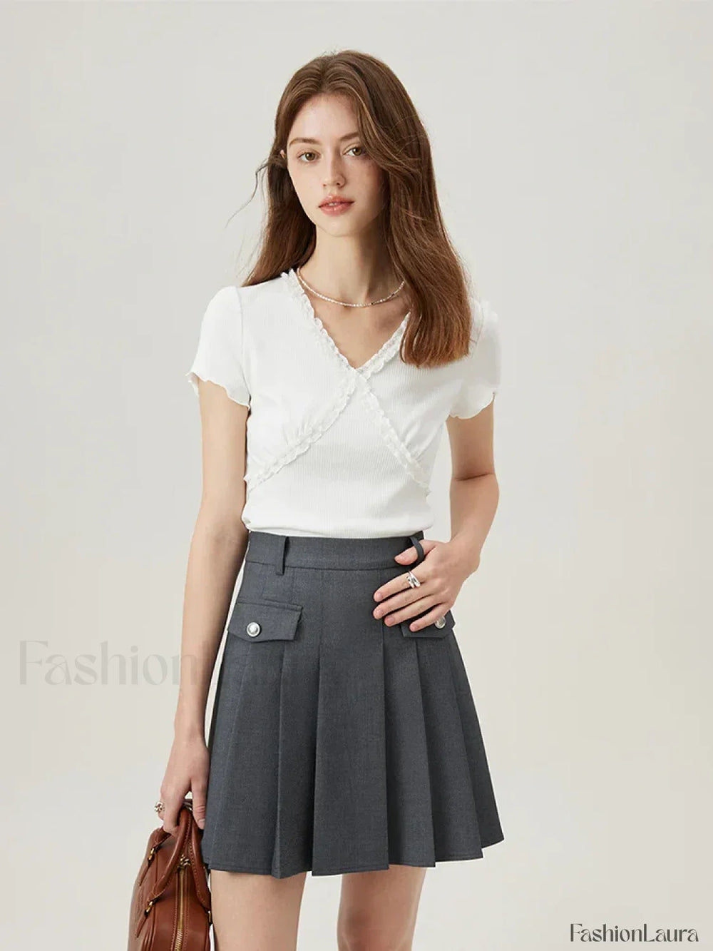 V Neck Slim Lace Patchwork Knit T Shirt White / XS