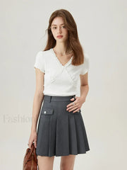 V Neck Slim Lace Patchwork Knit T Shirt White / XS