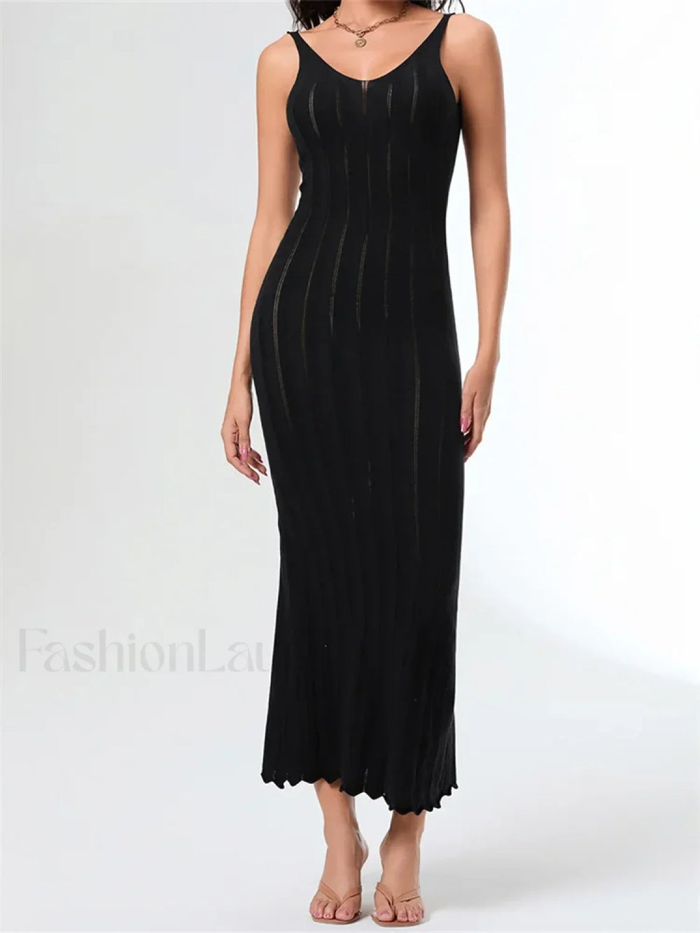 V Neck Strap Backless Knitted Maxi Dress black / S