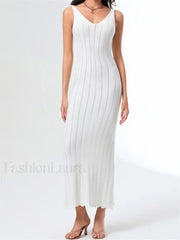 V Neck Strap Backless Knitted Maxi Dress white / S