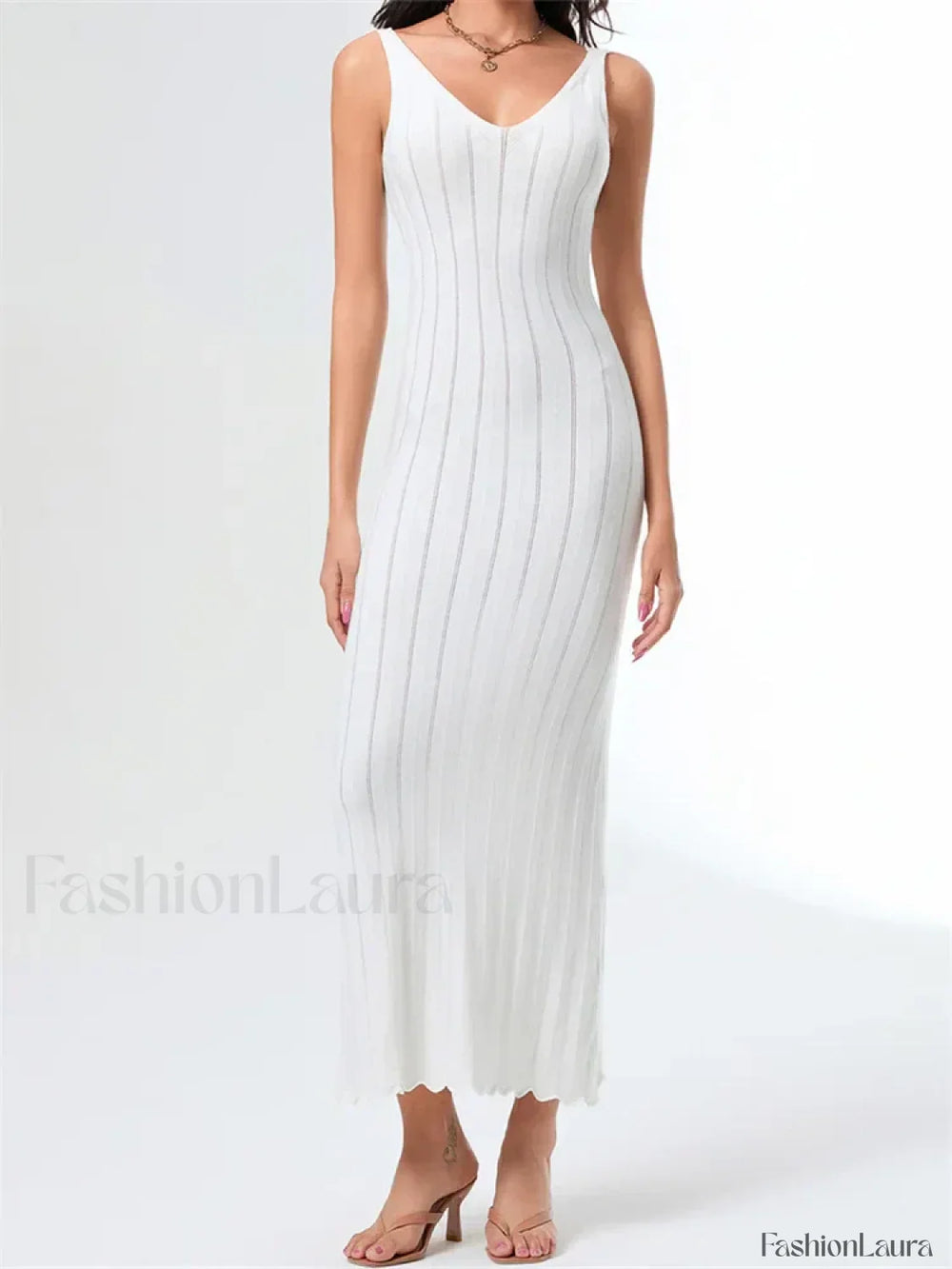 V Neck Strap Backless Knitted Maxi Dress white / S